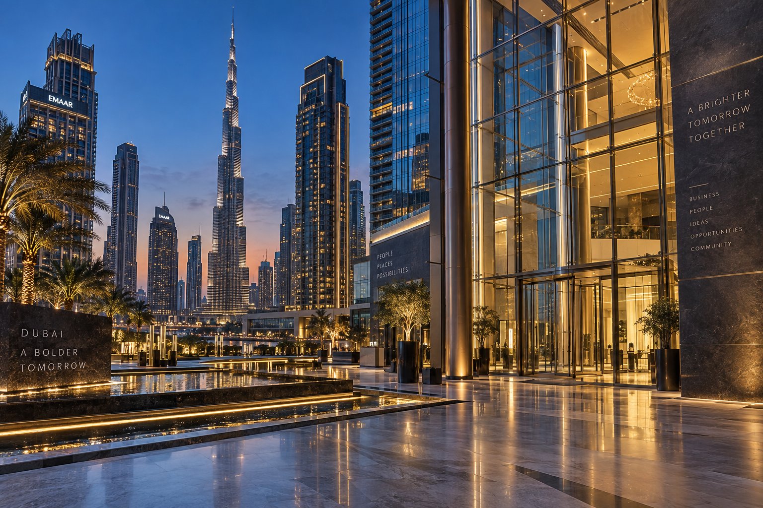 Illuminated Dubai Marina skyline in the United Arab Emirates