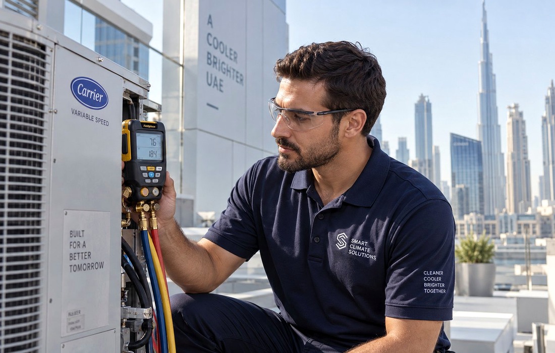HVAC technician inspecting commercial air conditioning unit pressure gauges