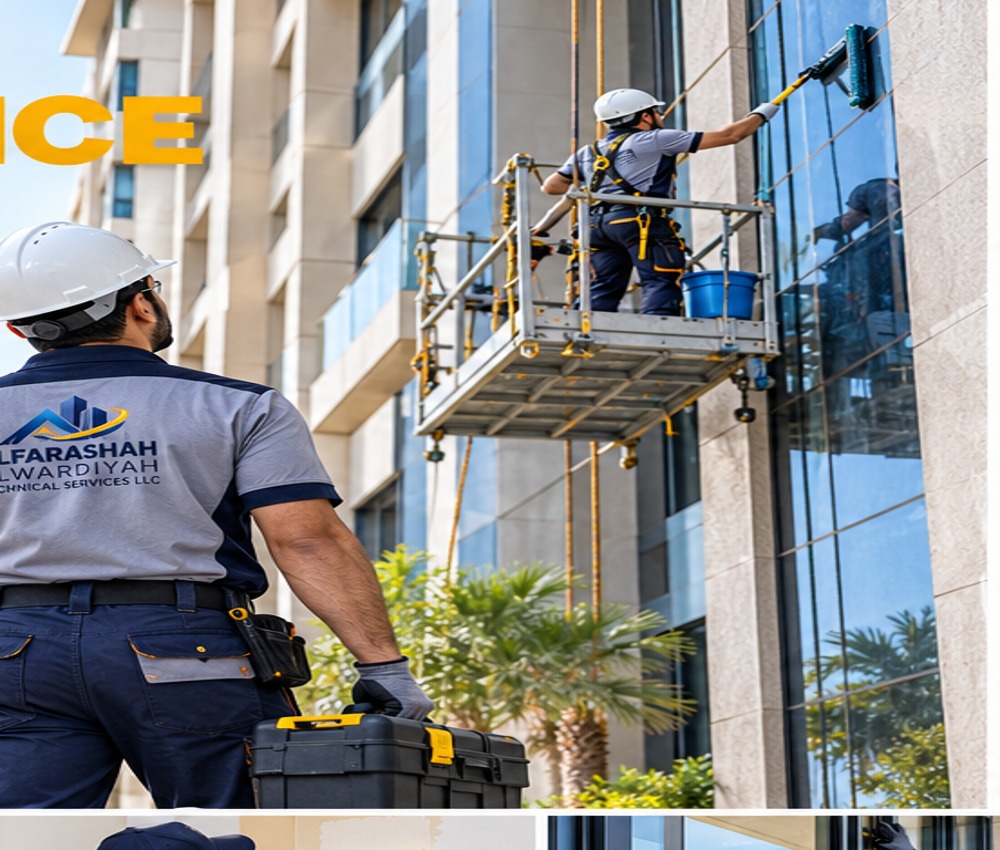 Building maintenance professionals working on commercial property